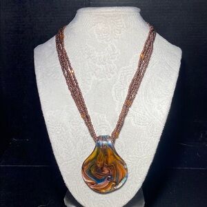 Vintage Murano Brown Swirl Pendant Necklace with Multi-Strand Cord